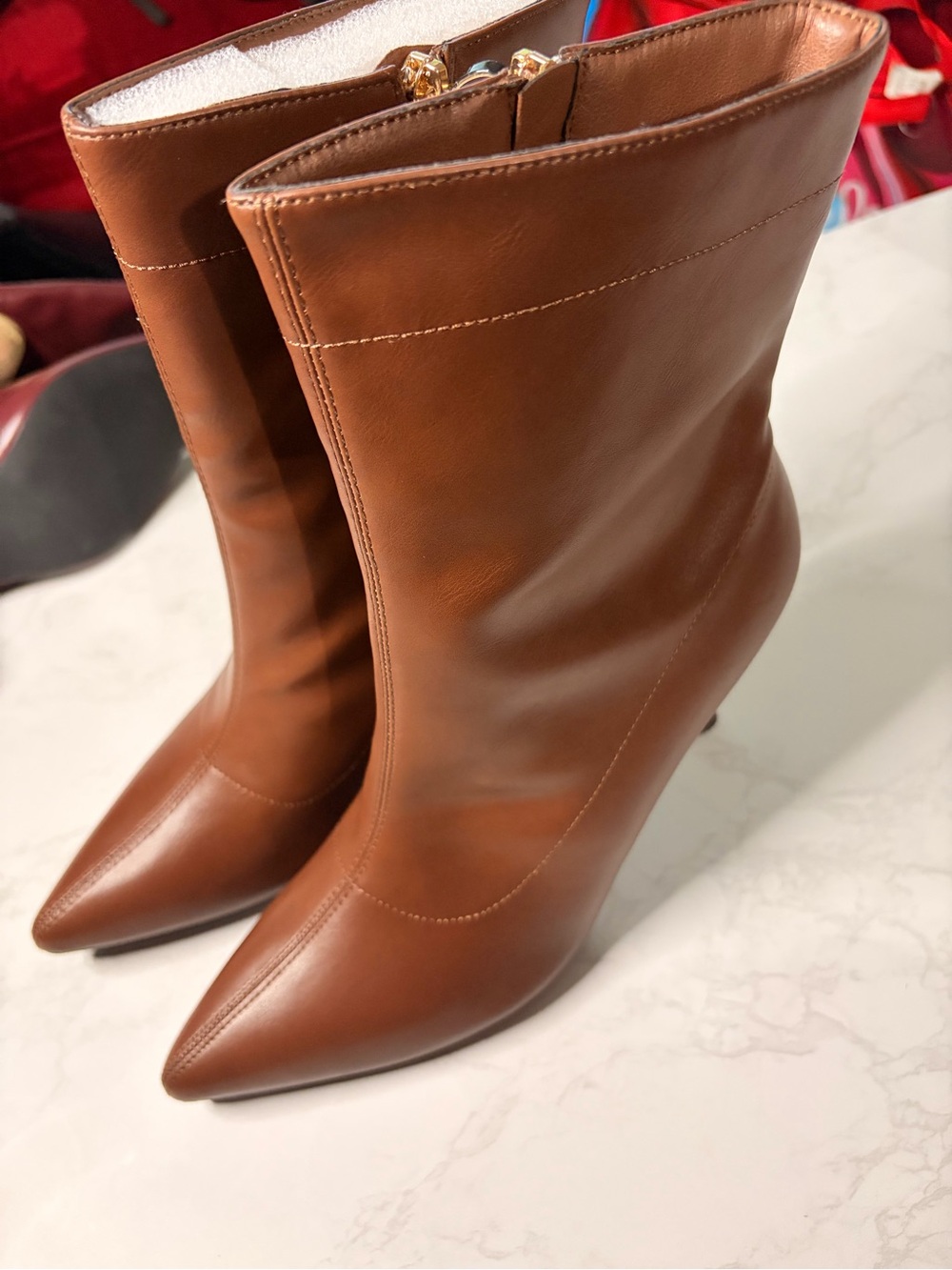 Women’s Tan Pointed-Toe Mid-Calf Heeled Boots